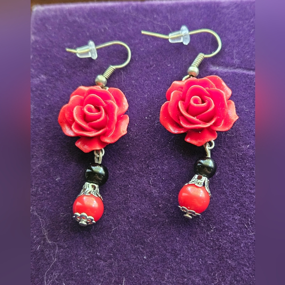 Silver tone drop earrings rose flower